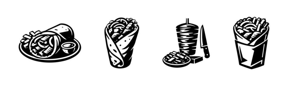 Fast food vector icons set: shawarma symbols and snack essentials