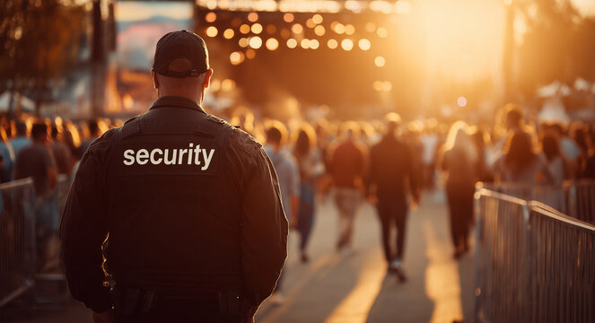 Security guard in black uniform watching over a crowd at an outdoor music festival during sunset, public safety and event management for concert security and crowd control