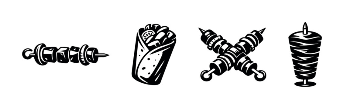 Bbq and mediterranean vector icons set: grill, kebab, and shawarma symbols