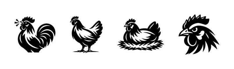 Fototapeta premium Farm animals vector icons set. chicken, hen and rooster symbols