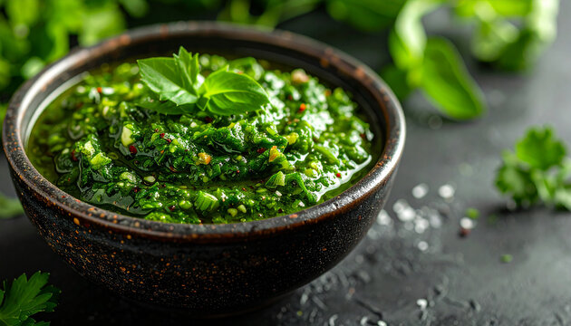 Vibrant green salsa verde in rustic bowl on table. Delicious sauce, condiment. Fresh herbs, tasty food