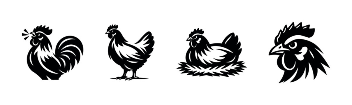 Farm animals vector icons set. chicken, hen and rooster symbols