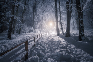 Snow-covered forest path at night illuminated by street lights after snowfall. Winter park walkway with frosted trees, snow, trail, wooden fence, cold weather atmosphere. Magical forest. Fairytale