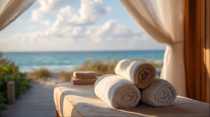 Relaxing spa scene on the beach, featuring rolled towels, bars of soap, ocean view