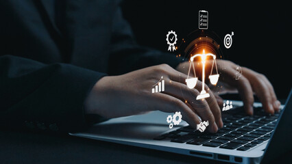 Futuristic digital law interface displaying justice scale, highlighting digital law, AI compliance,...