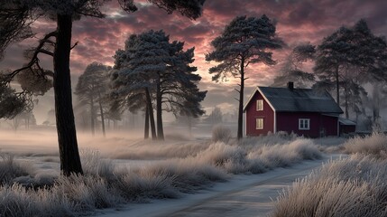 Stormy winter landscape at sunset: red house and frozen dirty road