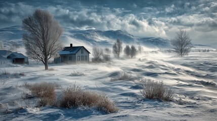 Winter landscape: house and nature under a snow and wind storm