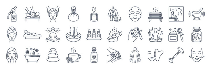 High end wellness and spa line icon set. Massage therapy, facial treatments, aromatherapy oils, sauna rituals, jade roller, meditation outline vector illustrations. Signs for beauty and relaxation.