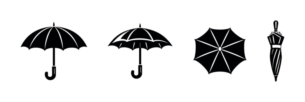 Rain and weather vector icons set: umbrella symbols and graphic illustrations