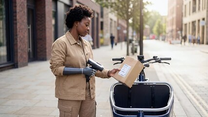 African american delivery woman with prosthetic arm scanning a package, subtle camera movement