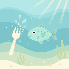 Cartoon Fish and Fork Underwater Flat Illustration