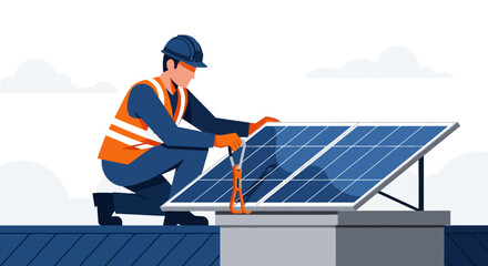 Technician Installing Solar Panel on Rooftop Vector Illustration