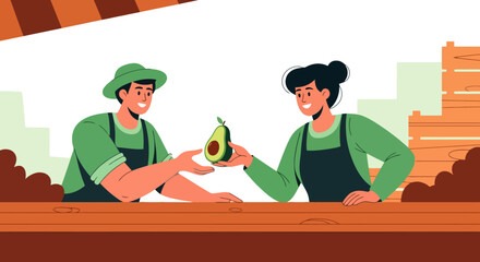 Farmers Exchanging Avocado at Organic Produce Market Stall