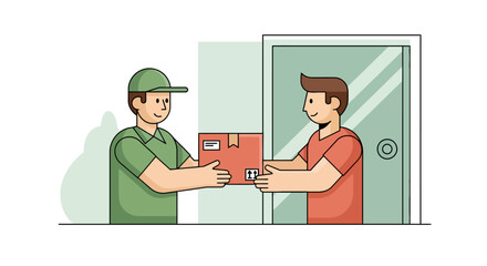 Delivery courier handing a package to a customer at a doorway