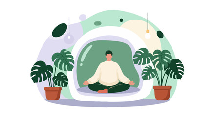 Man Meditating Indoors Surrounded by Monstera Plants Flat Vector Illustration