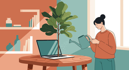 Woman Watering Plant Growing from Laptop Screen, Business Growth Concept.
