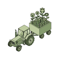 Isometric farm tractor pulling trailer loaded with geometric plants