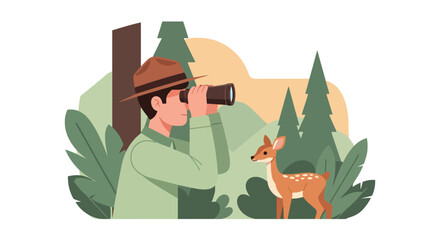 Park Ranger Watching Deer with Binoculars in Forest Illustration