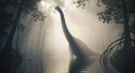 Obraz premium A large dinosaur with a long neck stands in a misty lake surrounded by trees. The creature appears in a dark, mysterious environment during day time