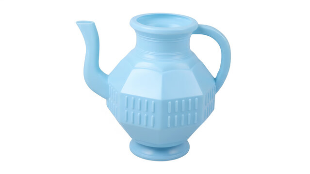 Blue plastic bodil or lota used for ceremonial washing and bathroom use.