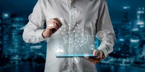 A visual of artificial intelligence network connecting AI, network, and system across a structured...
