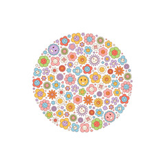 Groovy retro circle flower sticker doodle style. Colorful floral concept with cute smiley and y2k flair. Fun background and playful motif for modern abstract design inspiration.