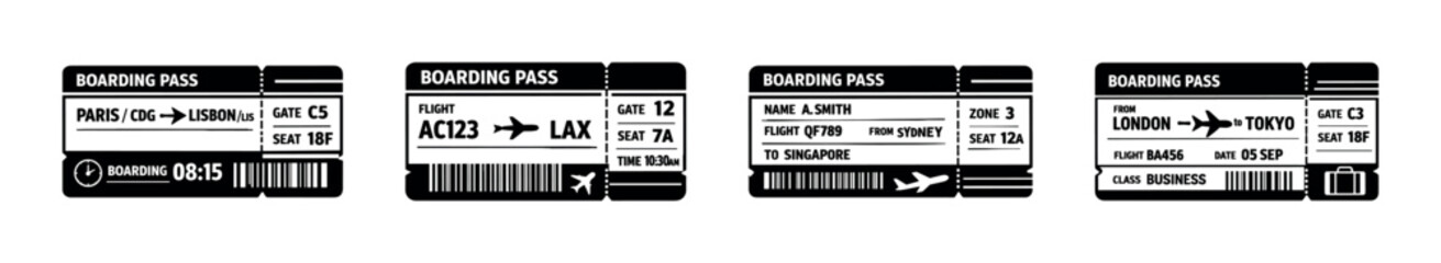Boarding pass vector icons set. airline tickets and travel document symbols
