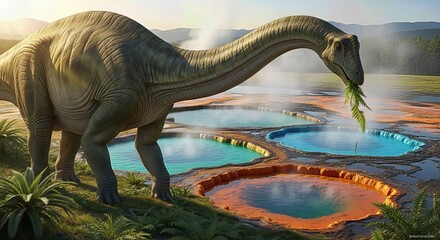 Alamosaurus is pictured eating ferns near colorful thermal pools. The landscape shows plants, water and mountains in the background, during the Late Cretaceous Period