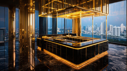 Fototapeta premium Luxurious Modern Kitchen with Golden Accents and City View