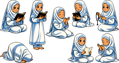 Fototapeta premium Muslim Girl Prayer Vector Set, Cute Islamic Child Performing Salah, Dua, Quran Reading Illustration