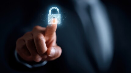 Businessman interacting with digital security interface featuring a glowing lock icon.