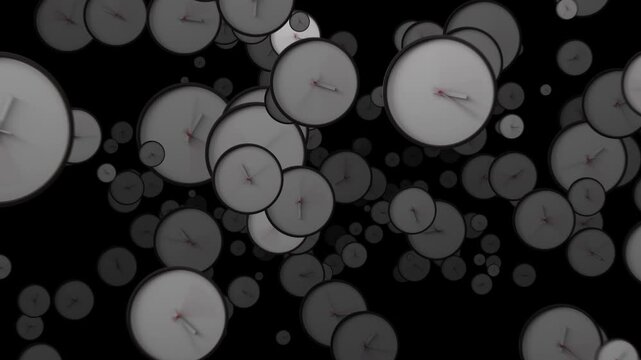 Many time lapse classic clock faces floating space showing different time. Busy time flow concept. Clock hands rotating quickly. Black background, seamless loop animation.