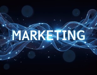 Glowing 3D letters forming the word MARKETING, with dynamic lighting effects symbolizing marketing, market strategies, and business growth