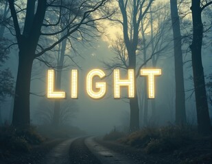 Glowing 3D letters forming the word LIGHT, with radiant lighting effects symbolizing light, brightness, and illuminating energy concepts