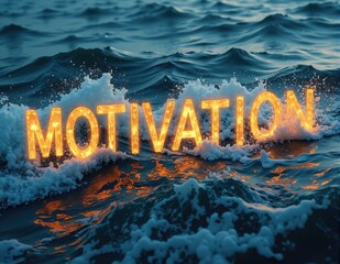 Glowing 3D letters forming the word MOTIVATION, with radiant lighting effects symbolizing motivation, motivating energy, and inspired drive