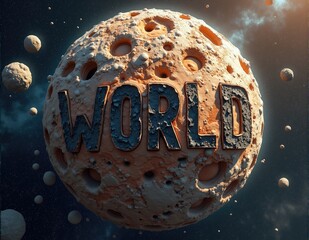 Glowing 3D letters forming the word WORLD, with vibrant lighting effects symbolizing the world, global connections, and universal concepts