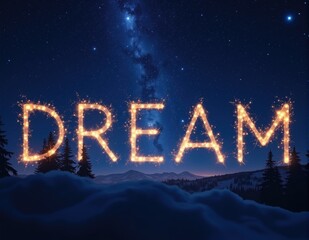 Glowing 3D letters forming the word DREAM, with ethereal lighting effects symbolizing dreams, dreaming visions, and imaginative aspirations