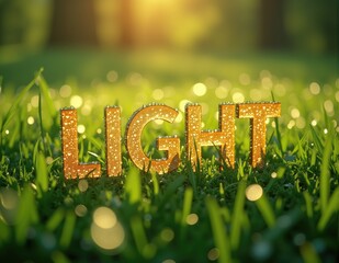 Glowing 3D letters forming the word LIGHT, with radiant lighting effects symbolizing light, brightness, and illuminating energy concepts