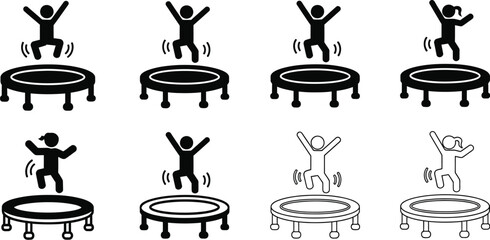 Playday trampoline exercise icon set.  People jumping on trampolines. Man jumping from a trampoline. Jumping jacks trampoline vector illustration silhouette. 