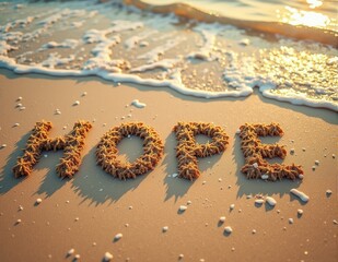 Glowing 3D letters forming the word HOPE, with radiant lighting effects symbolizing hope, hopeful visions, and inspired aspirations