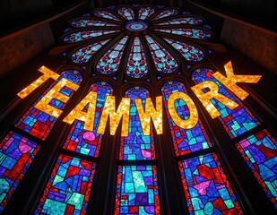 Glowing 3D letters forming the word TEAMWORK, with dynamic lighting effects symbolizing teamwork, team building, and collaborative success