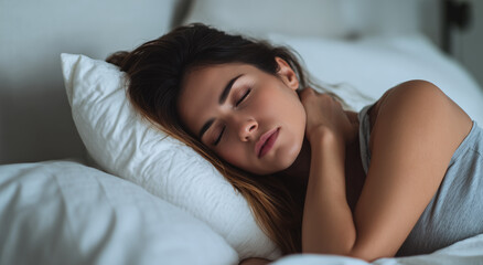 Young adult woman sleeping peacefully in bed with her hand resting on her neck, soft white pillows and bedding in a cozy bedroom for health, wellness, and rest concepts