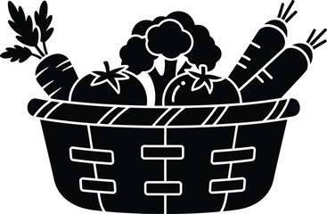 Vegetables basket vector. Basket overflowing with fresh vegetables silhouette icon. 