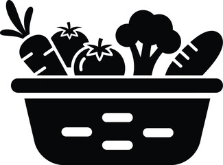 Vegetables basket vector. Basket overflowing with fresh vegetables silhouette icon. 