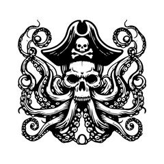 Pirate Octopus Skull Ship Vector Art, Nautical Tentacle SVG
