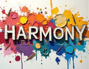Glowing 3D letters forming the word HARMONY with soft lighting effects, rendered on calm and balanced abstract backgrounds