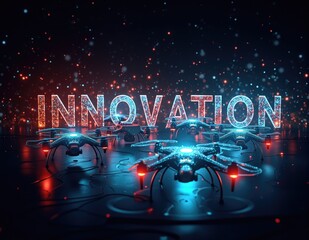 Glowing 3D letters forming the word INNOVATION, with vibrant lighting effects symbolizing innovation, innovative ideas, and creative progress