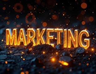 Glowing 3D letters forming the word MARKETING, with dynamic lighting effects symbolizing marketing, market strategies, and business growth