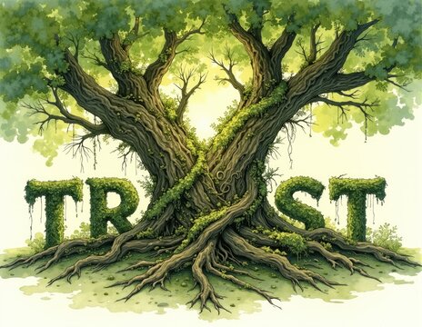 Glowing 3D letters forming the word TRUST, with radiant lighting effects symbolizing trust, trusting connections, and trusted bonds