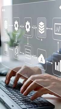 A businessman works with artificial intelligence software to automate workflow processes. He interacts with coding and data tools on a computer screen in an office setting